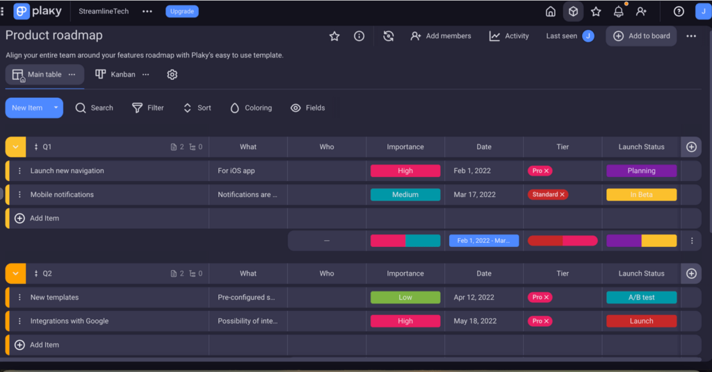 Product roadmap template shown in Plaky project management software