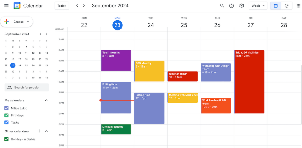 Schedule overview shown in Google Calendar