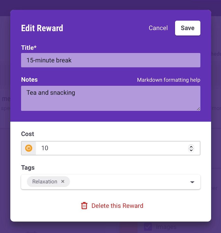 Habitica's reward system and options