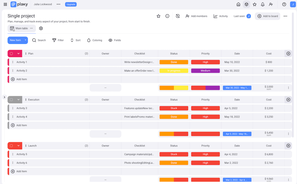 Single project template shown in Plaky project management software