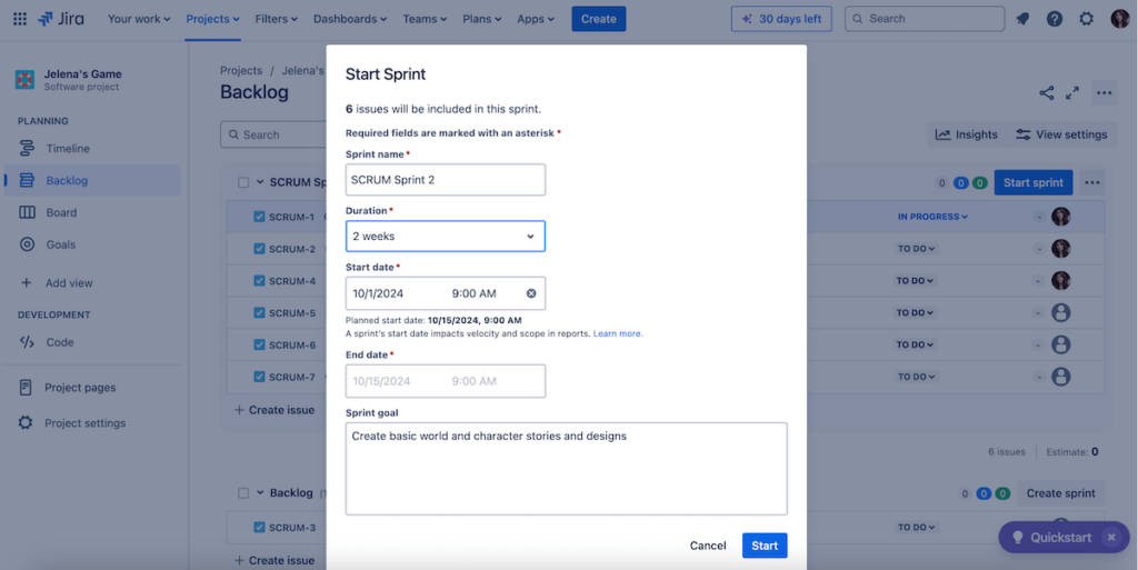 How to start a Sprint in Jira