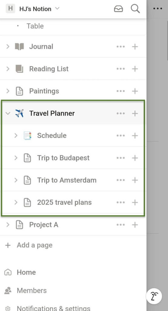 Subpages shown in Notion note-taking tool