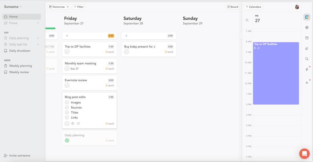 Daily tasks shown in Sunsama's workspace