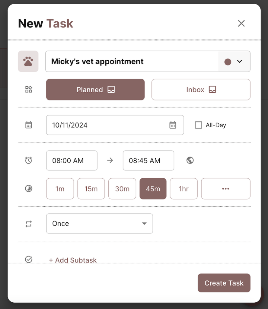 Task details shown in Structured daily task planner