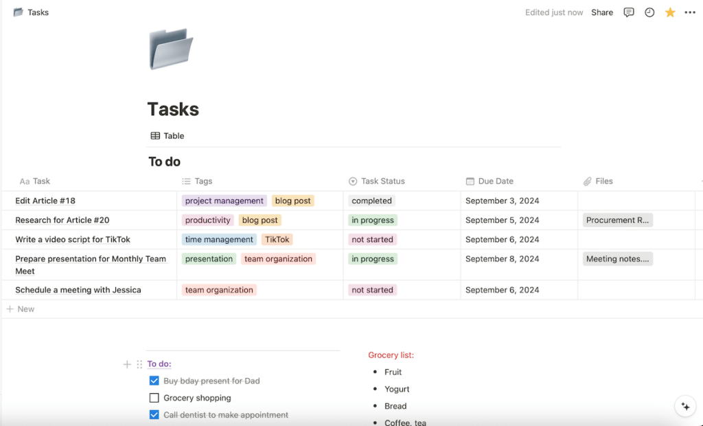 An overview of tasks in the form of a list in Notion daily task planner