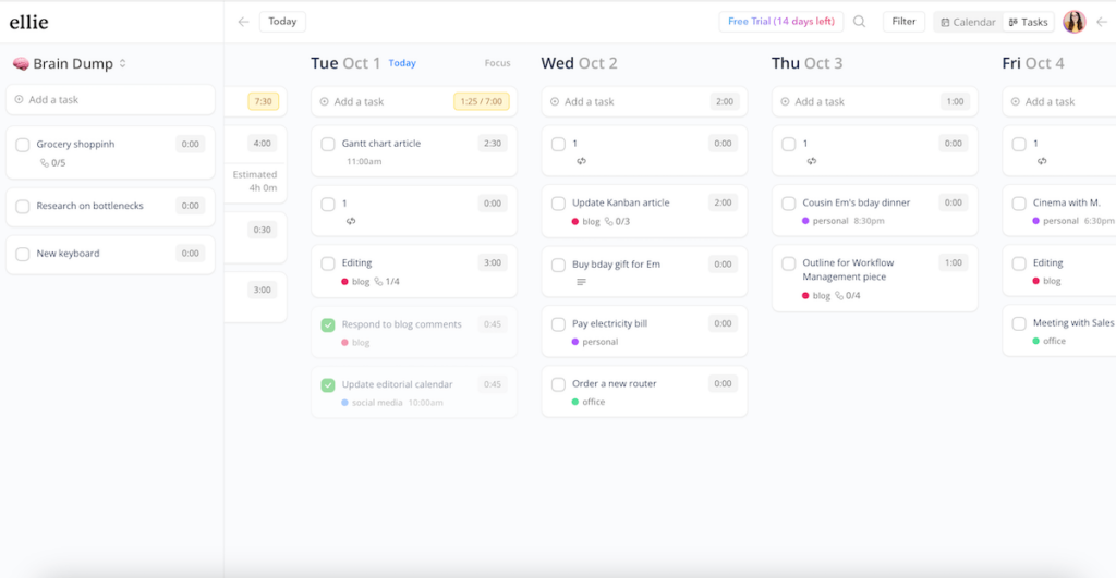 Daily task lists shown in Ellie Planner's workspace