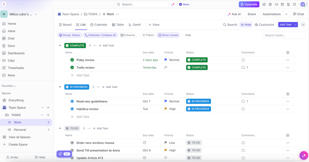 A detailed work task board shown in ClickUp daily task planner