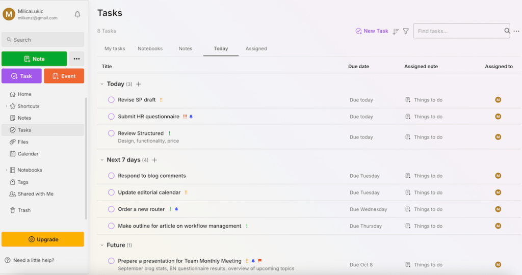 An overview of tasks shown in Evernote daily task planner