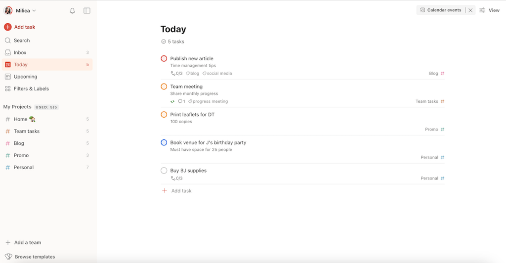 An overview of tasks in Todoist daily task planner