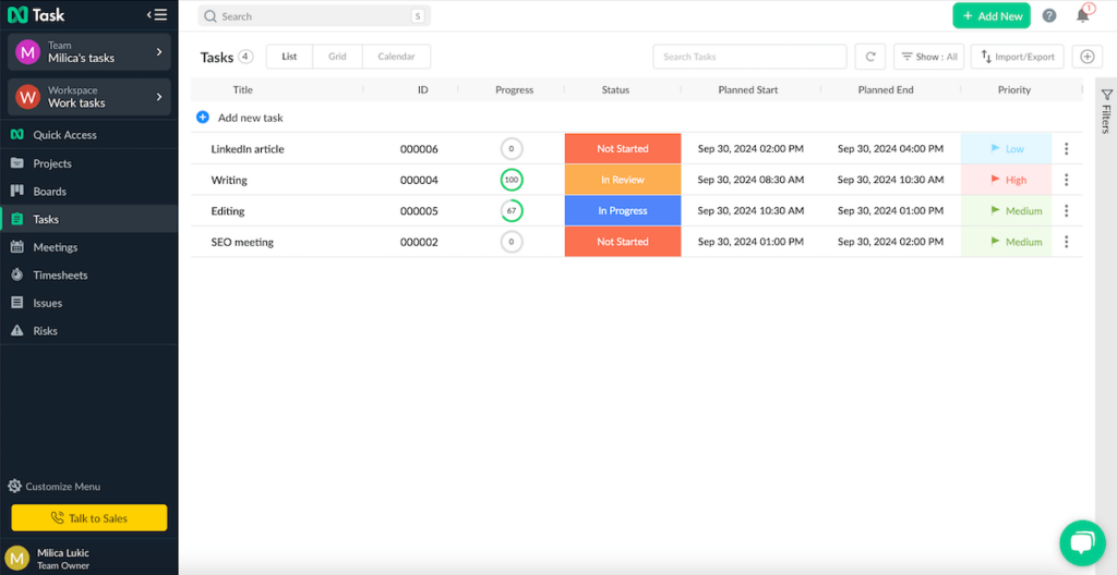 An overview of daily tasks shown in nTask daily task planner