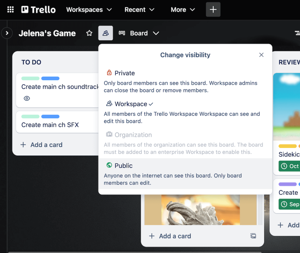 Trello’s board visibility settings