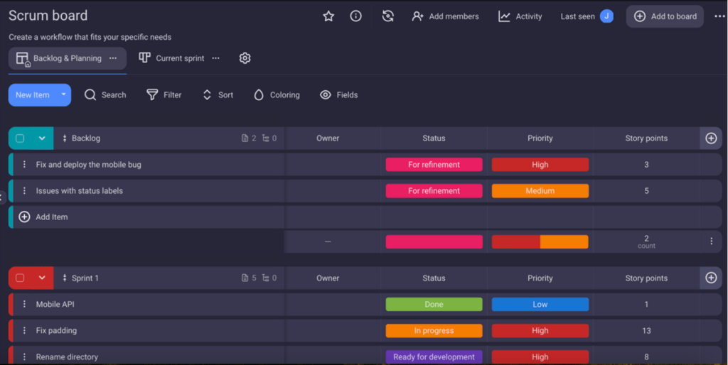 Scrum board shown in Plaky project management software