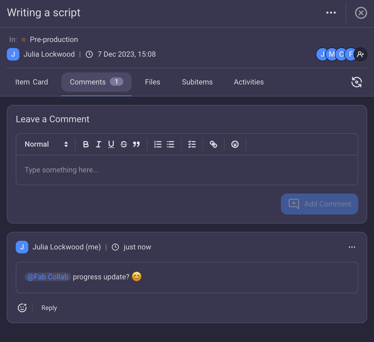 Comment thread shown in Plaky project management software