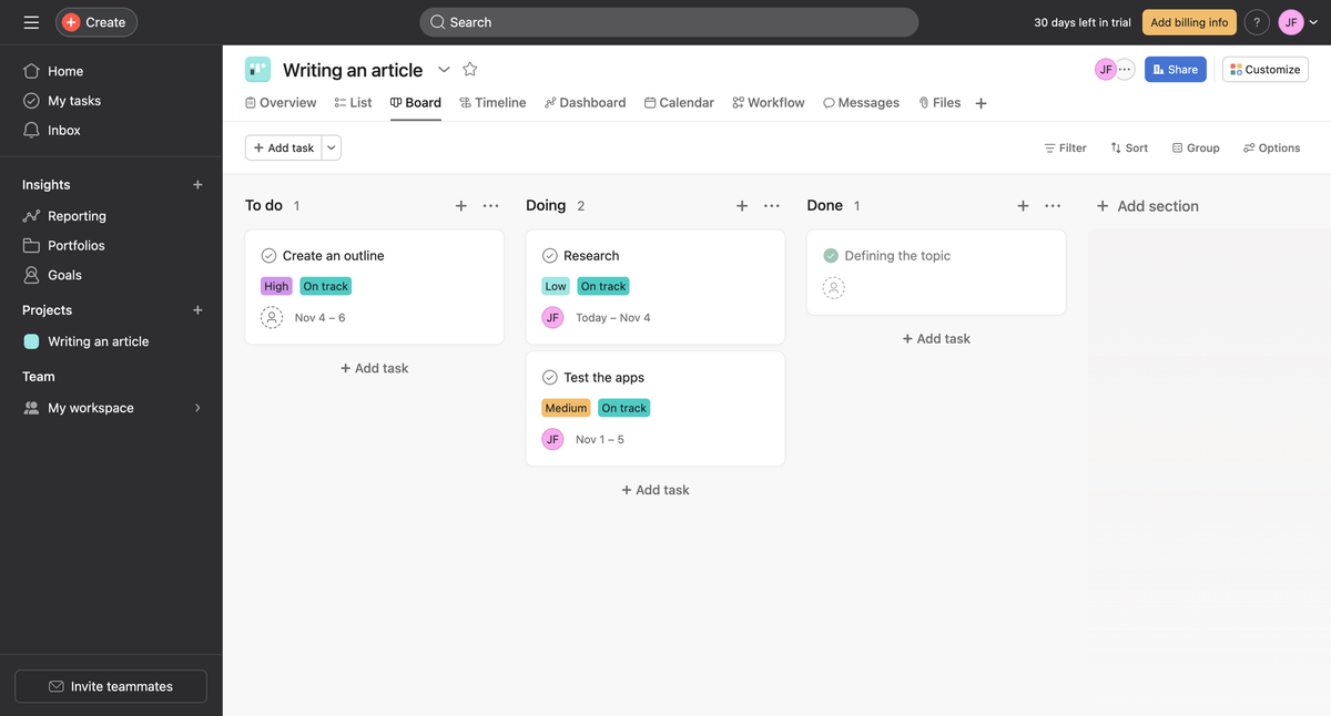 The main user interface shown in Asana productivity software