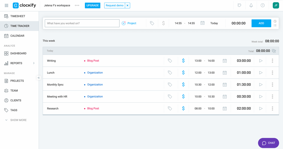 The main user interface in Clockify time-tracking software