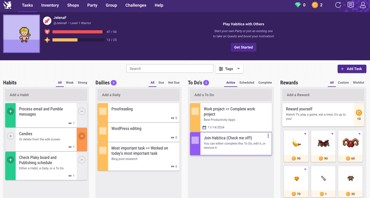 The main user interface shown in Habitica productivity software