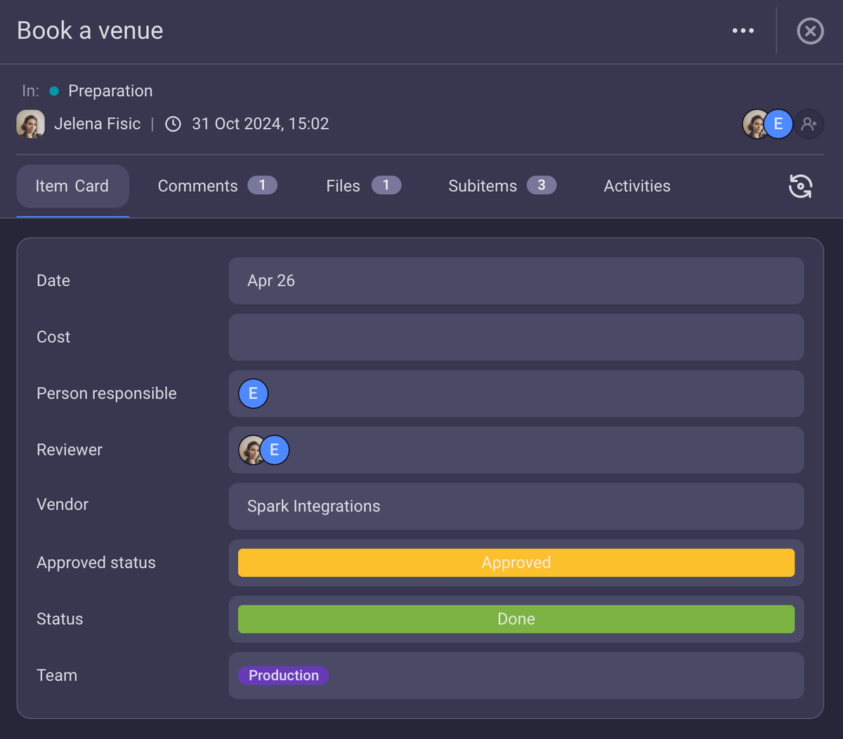 An item card example shown in Plaky team productivity software