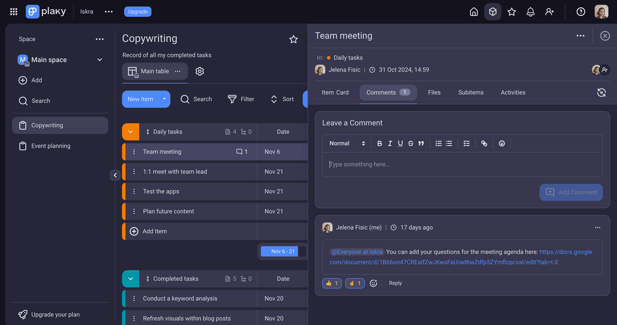 The main project board interface shown in Plaky team productivity software