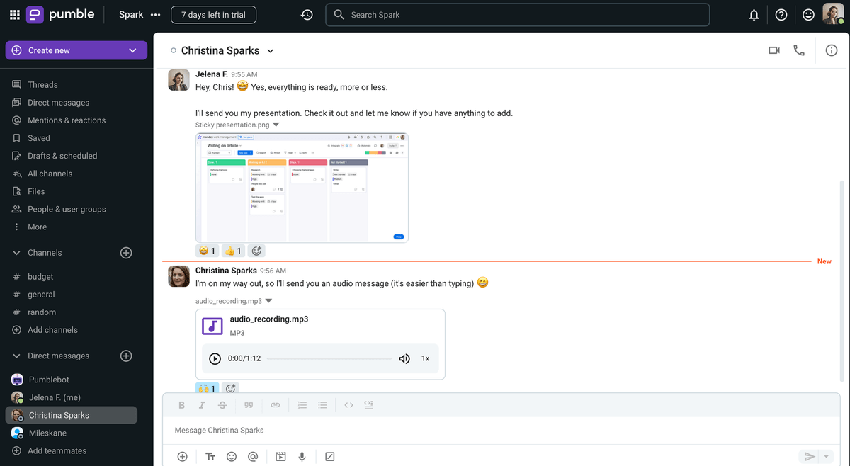 Sending audio messages in Pumble team communication software