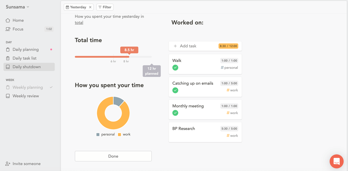 The daily shutdown feature shown in Sunsama productivity software