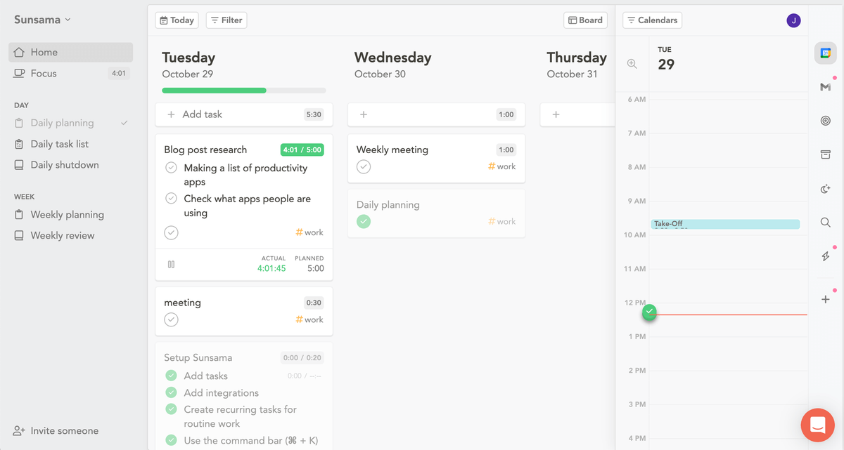 The main user interface shown in Sunsama productivity software