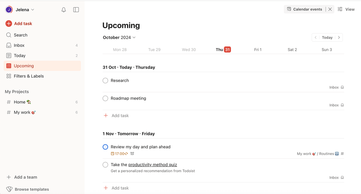 The main user interface in Todoist productivity software