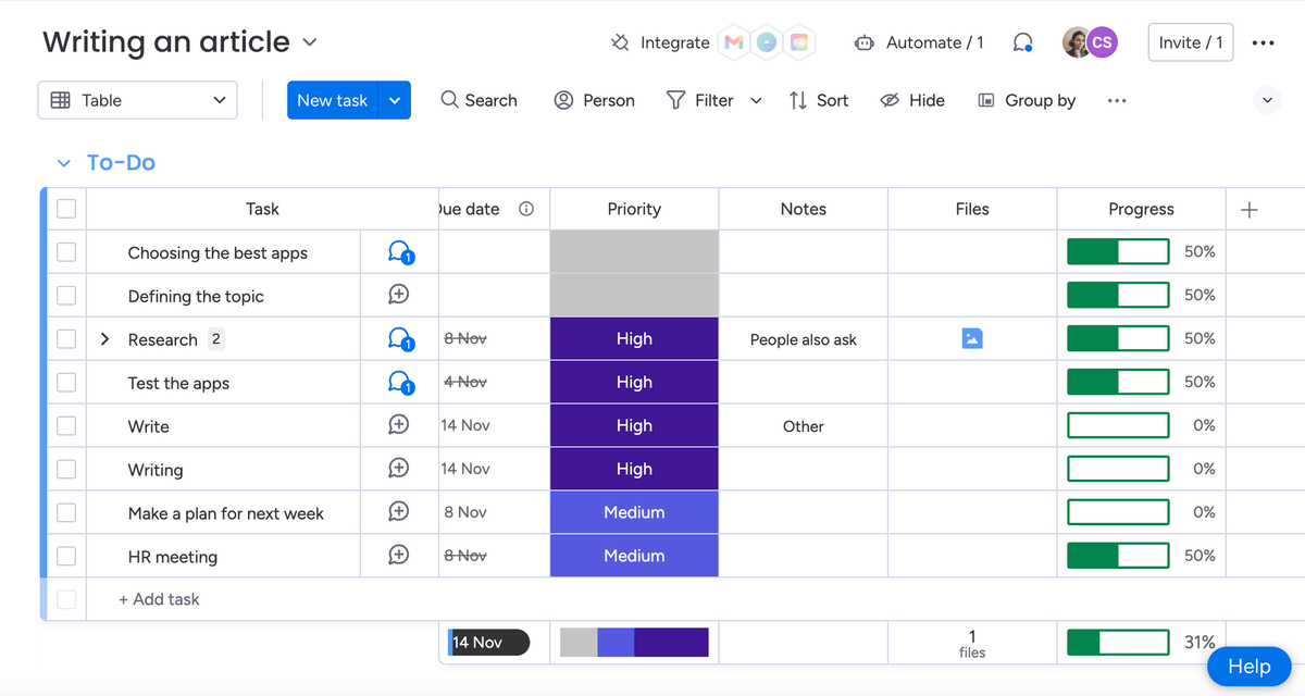 Using the progress-tracking column in monday.com productivity software