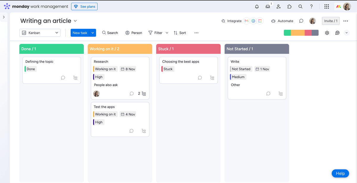 The main user interface shown in monday.com productivity software