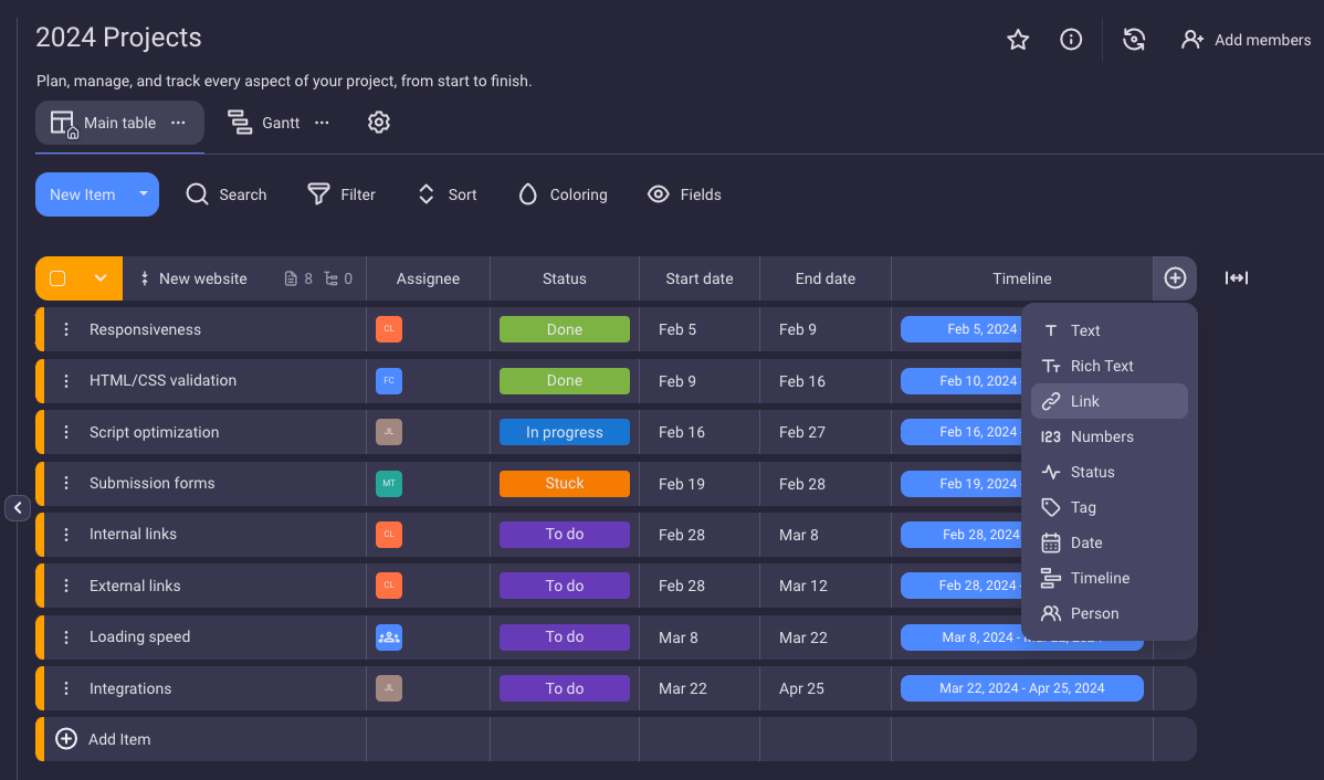 List of custom fields available in Plaky project management software