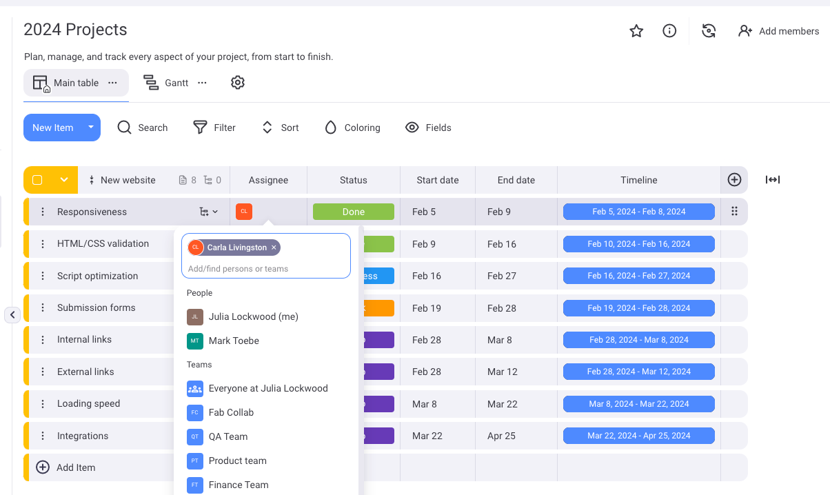 Example of a project board shown in Plaky project management software