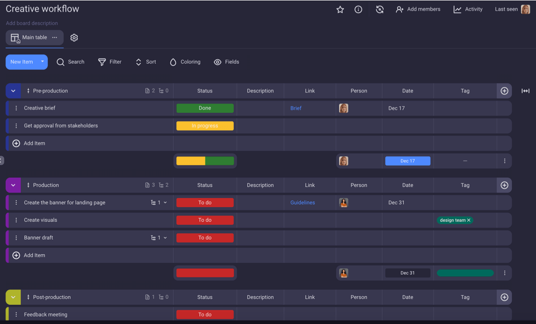 A creative workflow designed in Plaky project management software