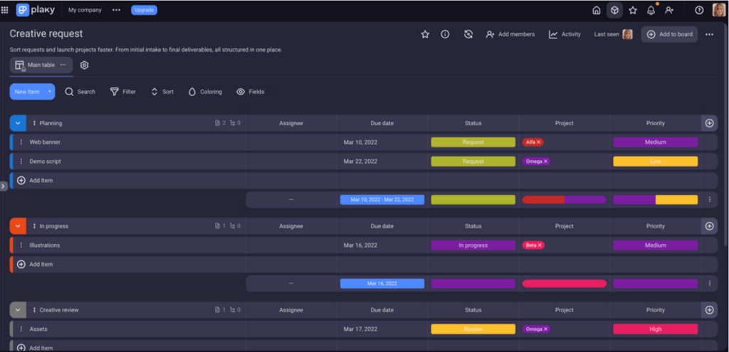 Creative request template shown in Plaky project management software