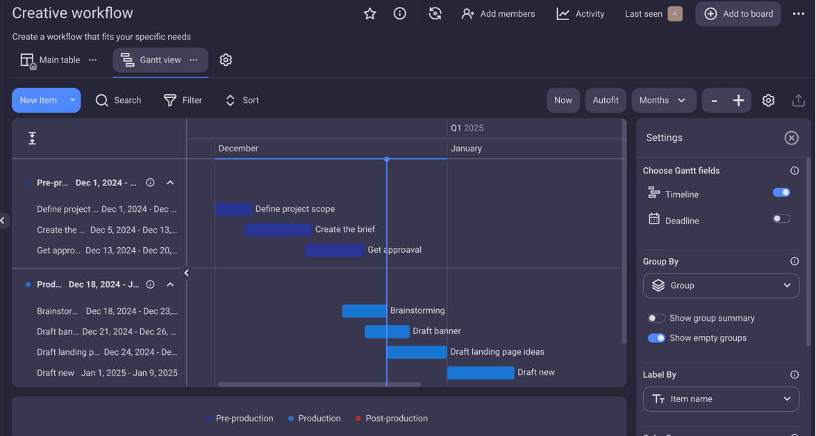 A creative workflow Gantt chart shown in Plaky project management software