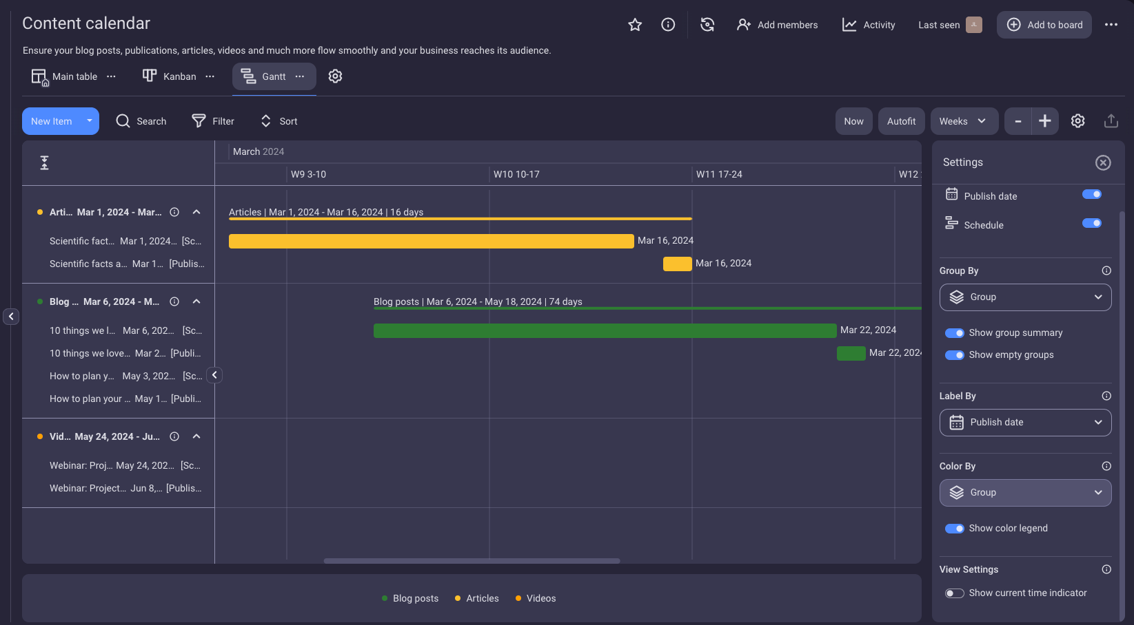 Content calendar Gantt chart shown in Plaky project management software