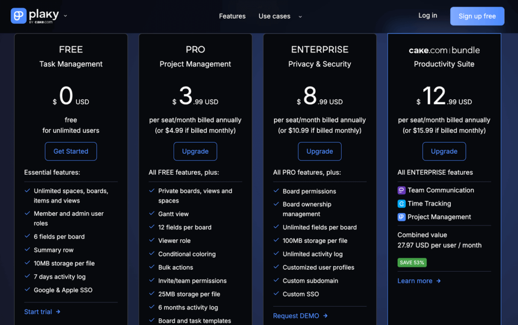 Plaky's pricing plans