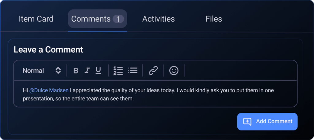 Comments section shown in Plaky project management software