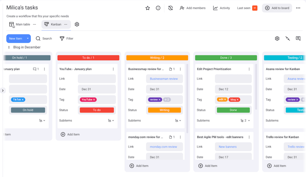 Example of a Kanban board shown in Plaky project management software