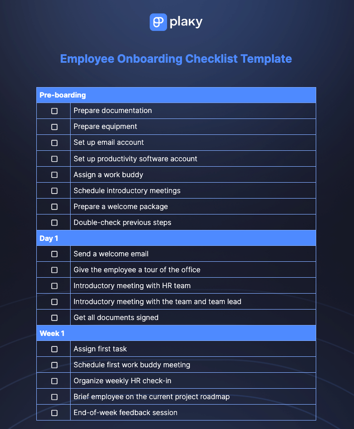 Plaky employee onboarding checklist template