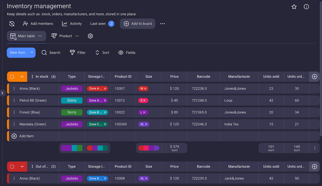 Example of an inventory management board shown in Plaky project management software