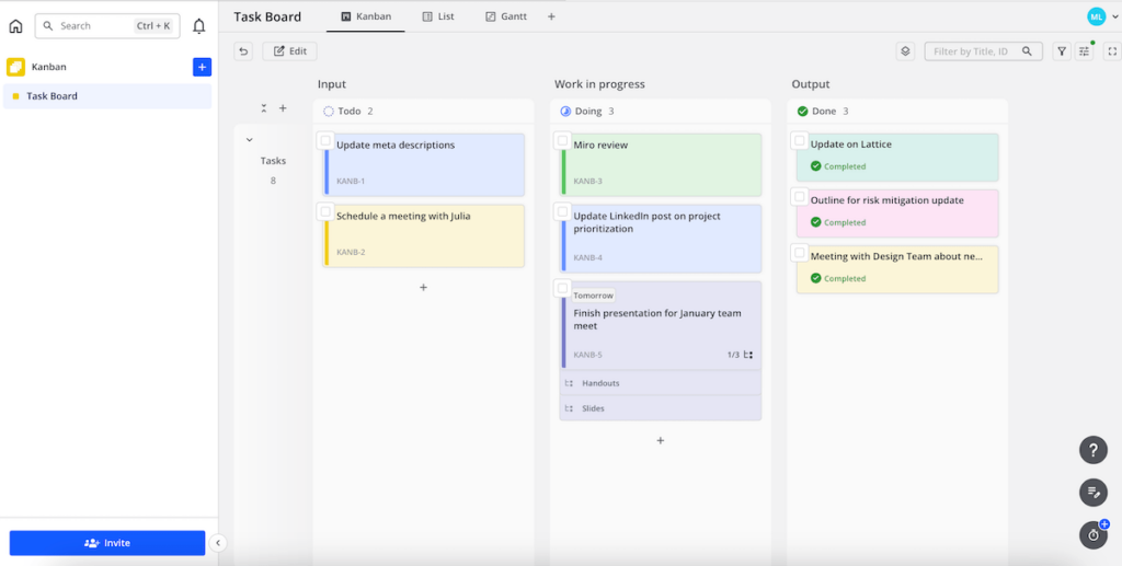 Kanban board shown in Teamhood project management software