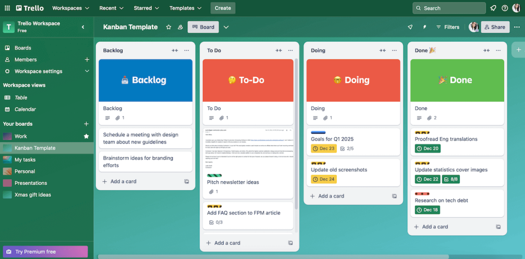 Example of a Kanban board in Trello