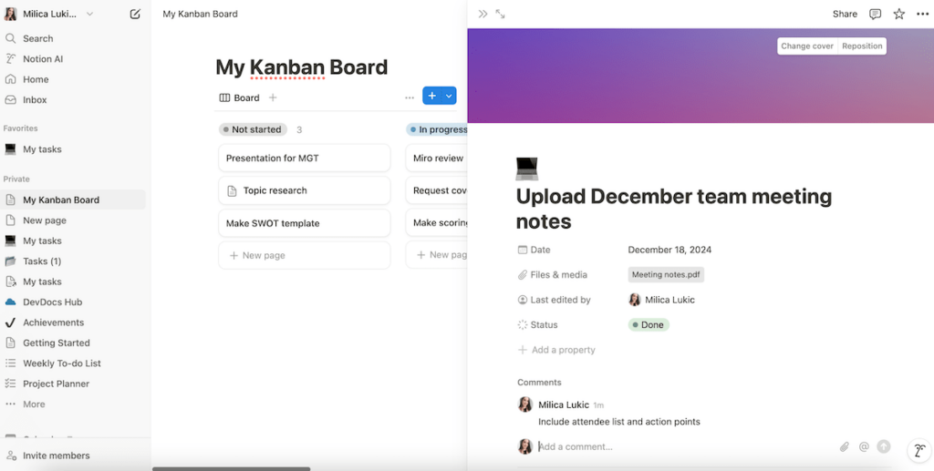 Kanban card details in Notion task management software