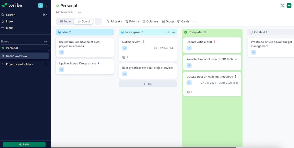 Kanban cards in Wrike project management software