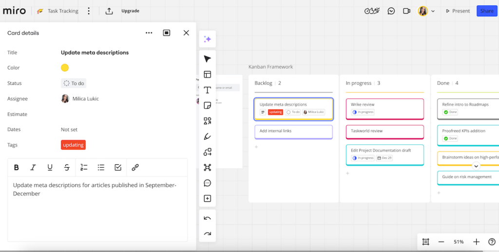 Kanban board view shown in Miro collaboration software