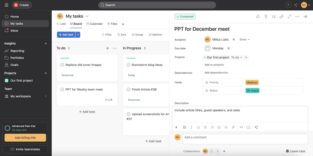 Workspace overview in Asana