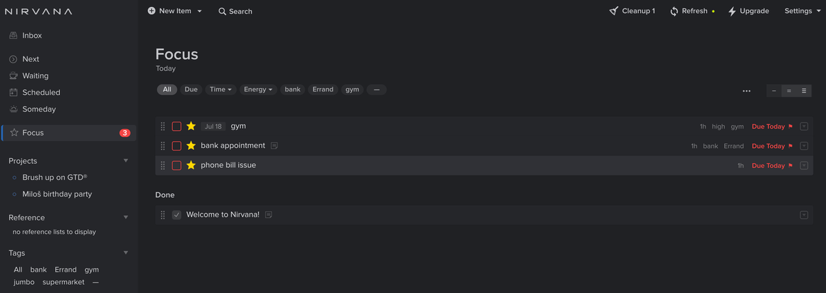 Focused tasks overview in Nirvana software