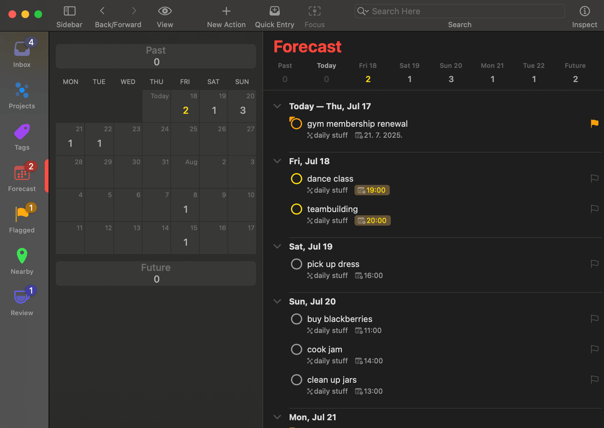 Daily activity overview in OmniFocus software