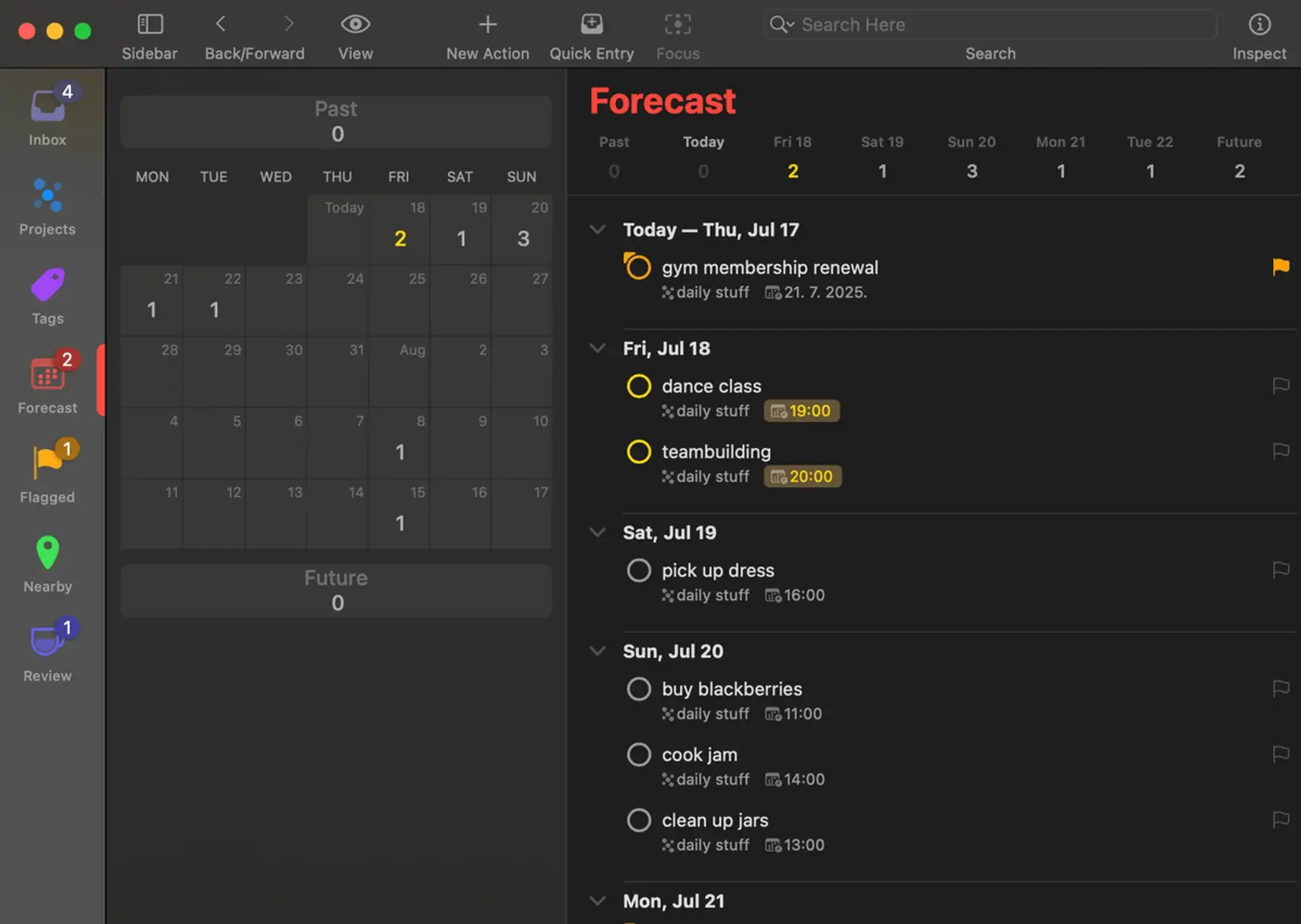 An overview of the total number of daily activities scheduled in OmniFocus