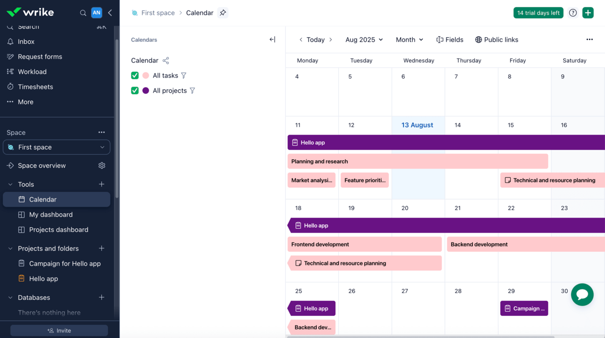Calendar view in Wrike