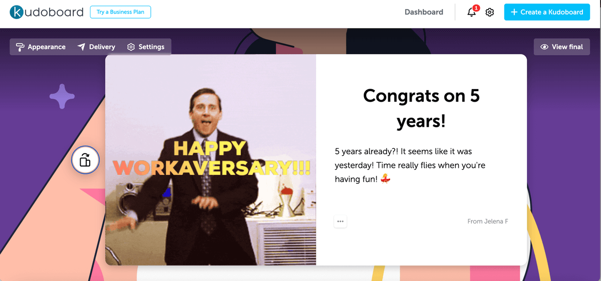 Celebrating a work anniversary in Kudoboard